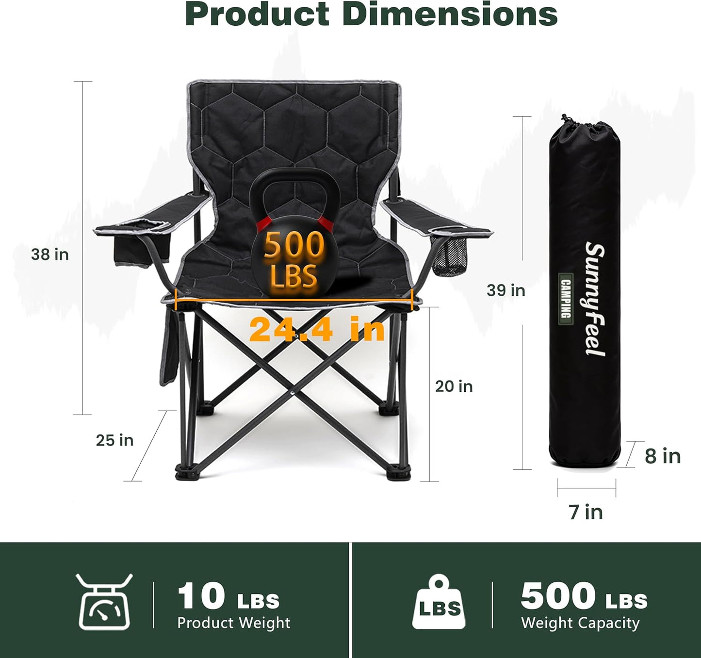 Silla camping plegable 2 Pzas resistente 500lb negro