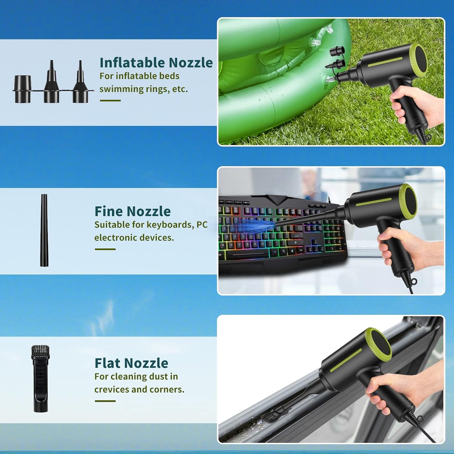 Soplador aire comprimido 500W para limpieza electrónica