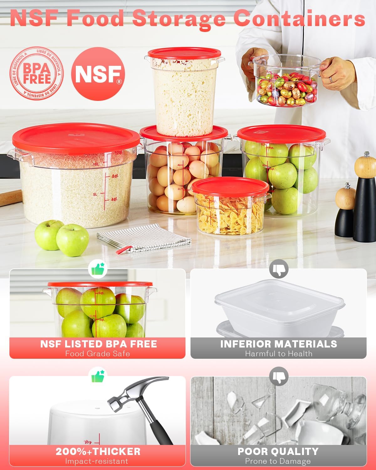 Recipientes redondos NSF 6qt con tapas 4uds resistente frío
