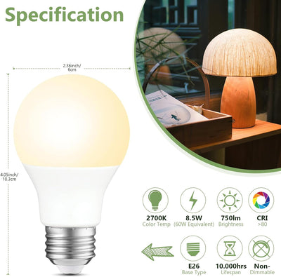 Bombilla LED A19 equivalente a 60W blanco suave 2700K base E26
