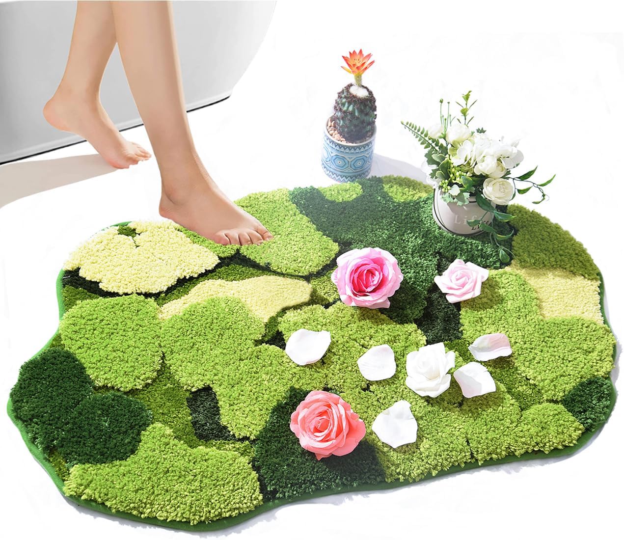 Alfombra baño musgo verde shag antiderrap lavable boho