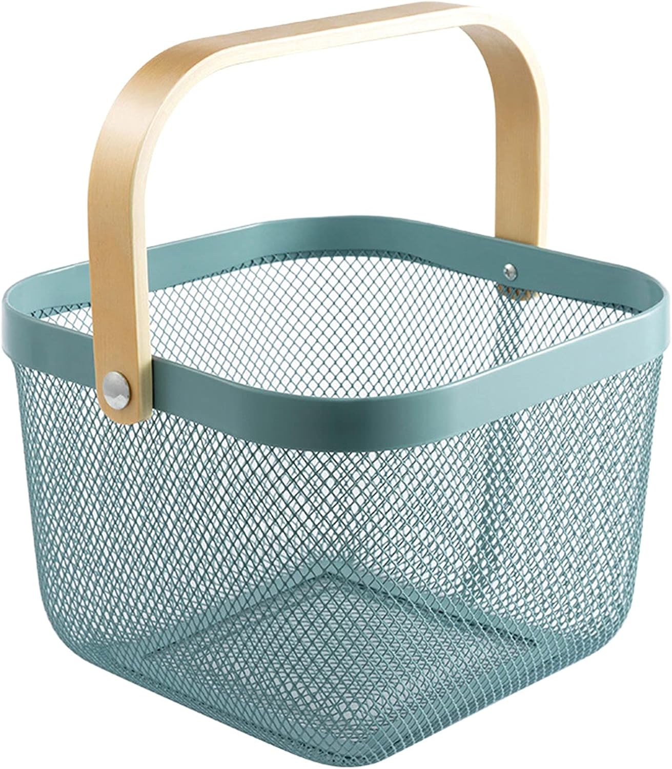 Cesta malla acero colgante cocina baño picnic con mango bambú