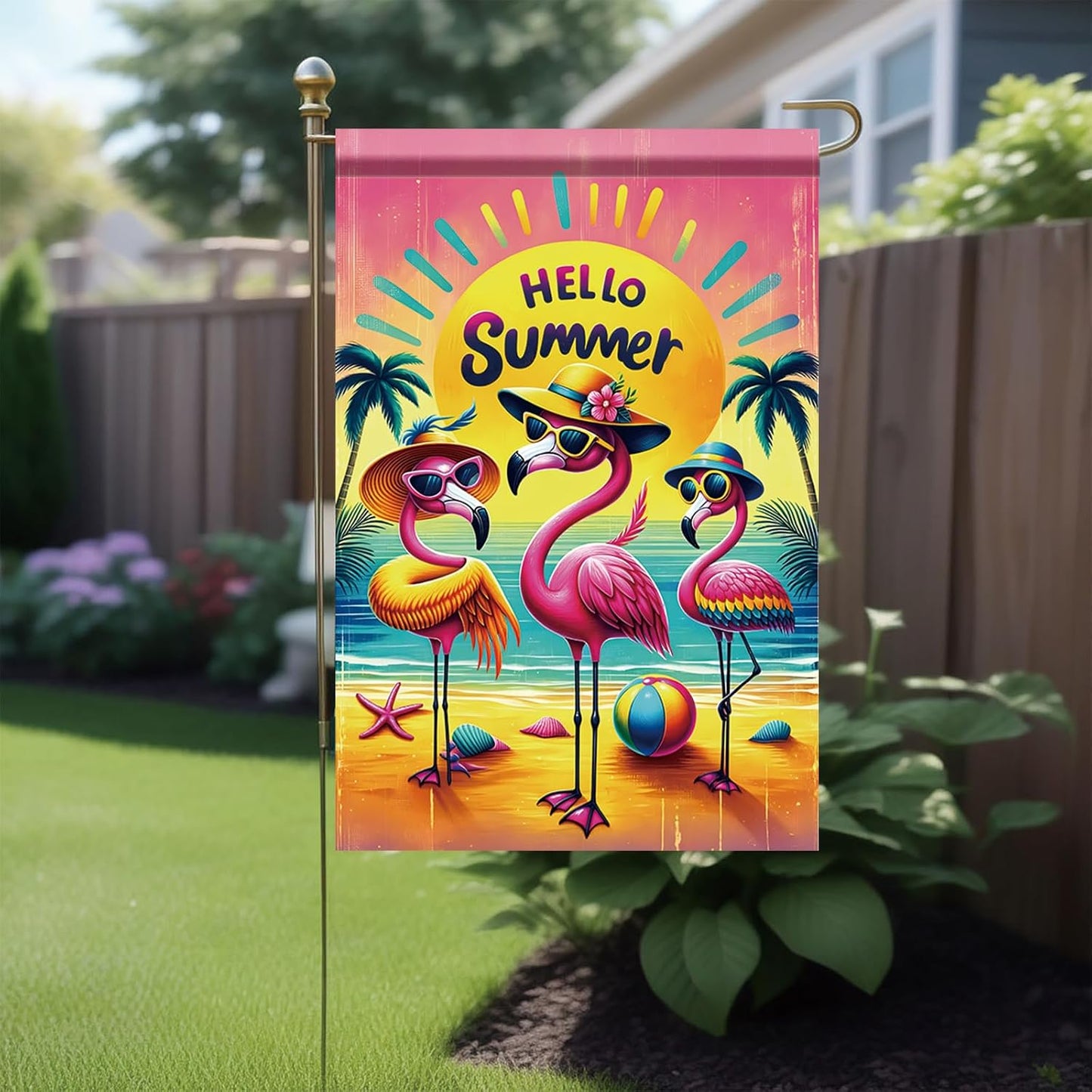 Bandera jardín flamenco hello summer 12x18pulg decoración tropical