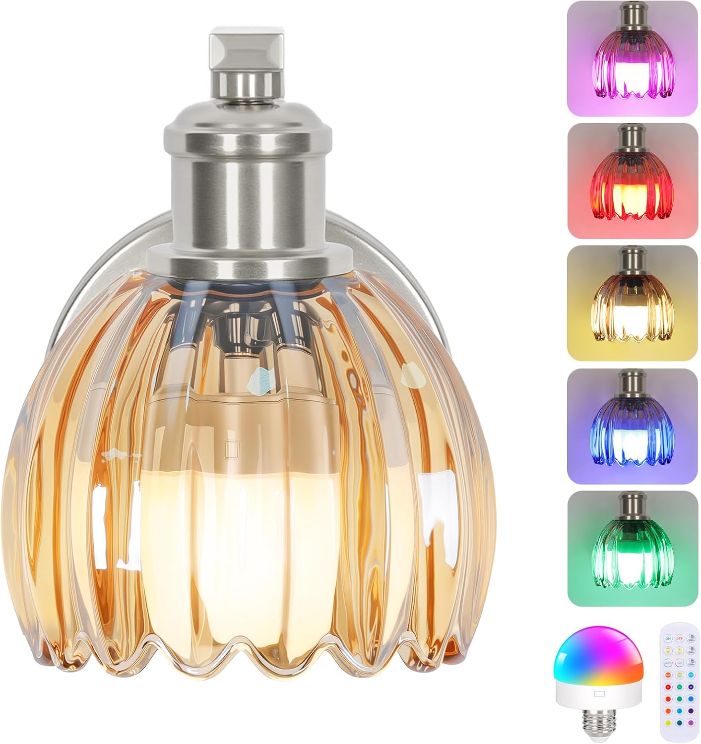 Aplique pared inalámbrico vidrio ámbar 15 colores níquel