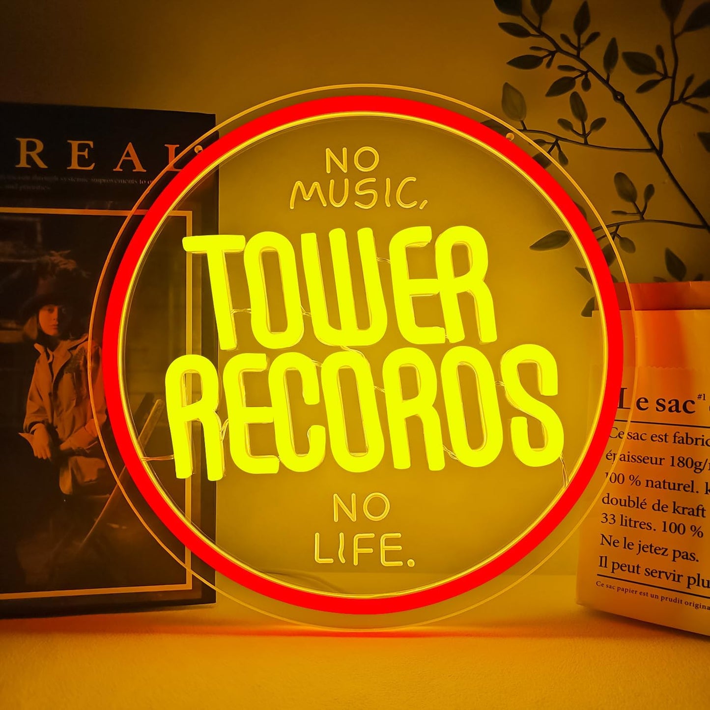 Letrero neón rojo retro con música para tienda de discos