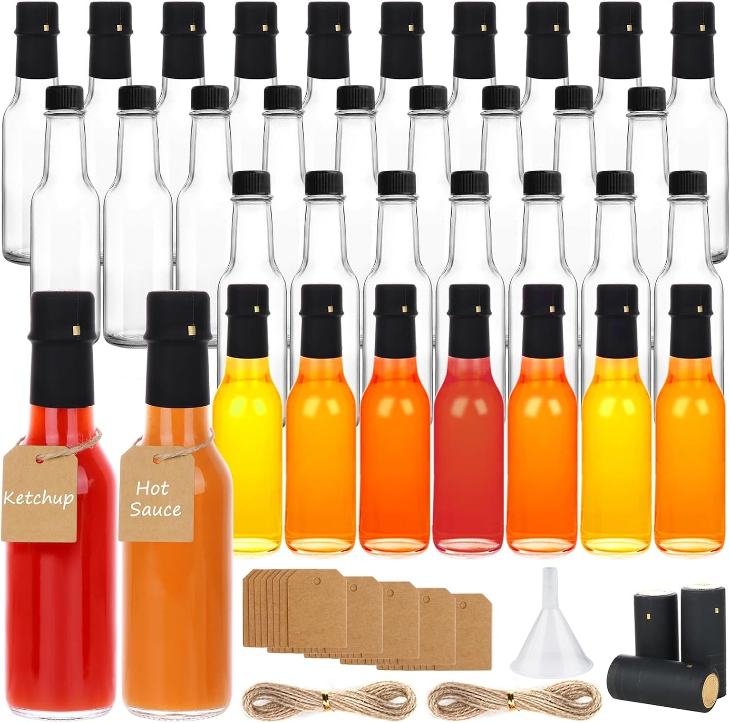 35 Botellas Vidrio 5oz Tapas Negras para Salsa Vino Bebidas