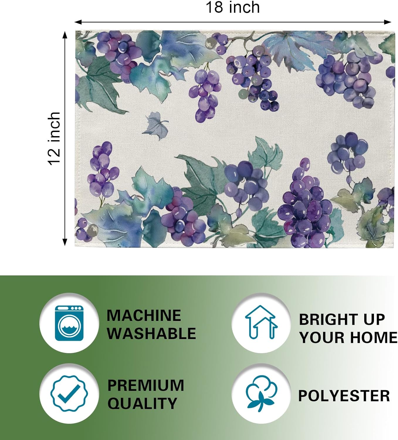 Set 4 Manteles Acuarela Uvas 12x18pulg Decoración Hogar