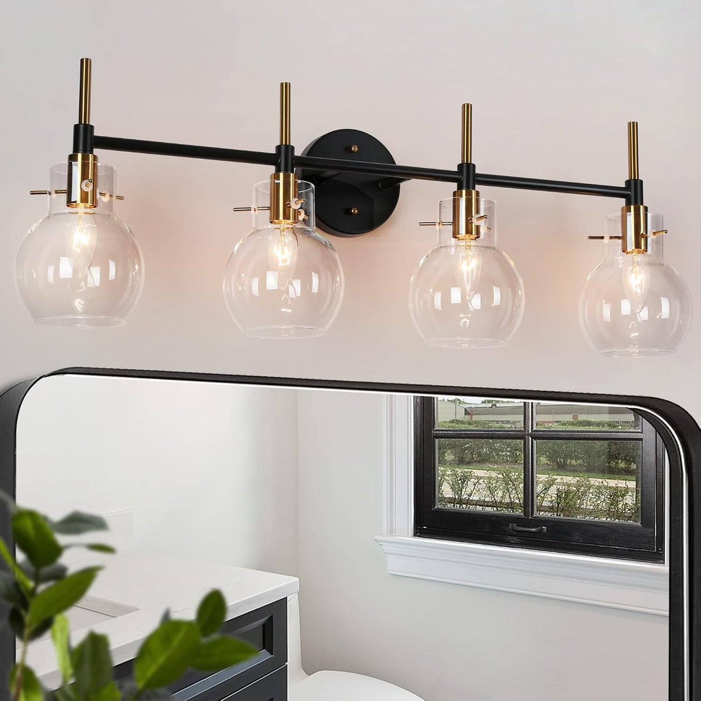 Lámpara baño 4 luces negra 30x6.5x10.5pulg vidrio