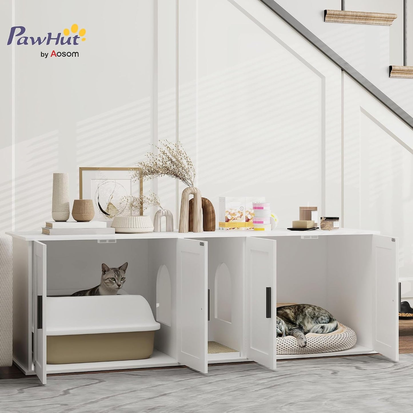 Caja arena gatos 2 en 1 con rascador 57x19x20pulg blanco