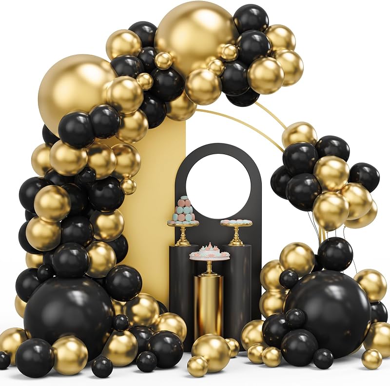 Kit arco globos dorado y negro 134 metálicos cumpleaños
