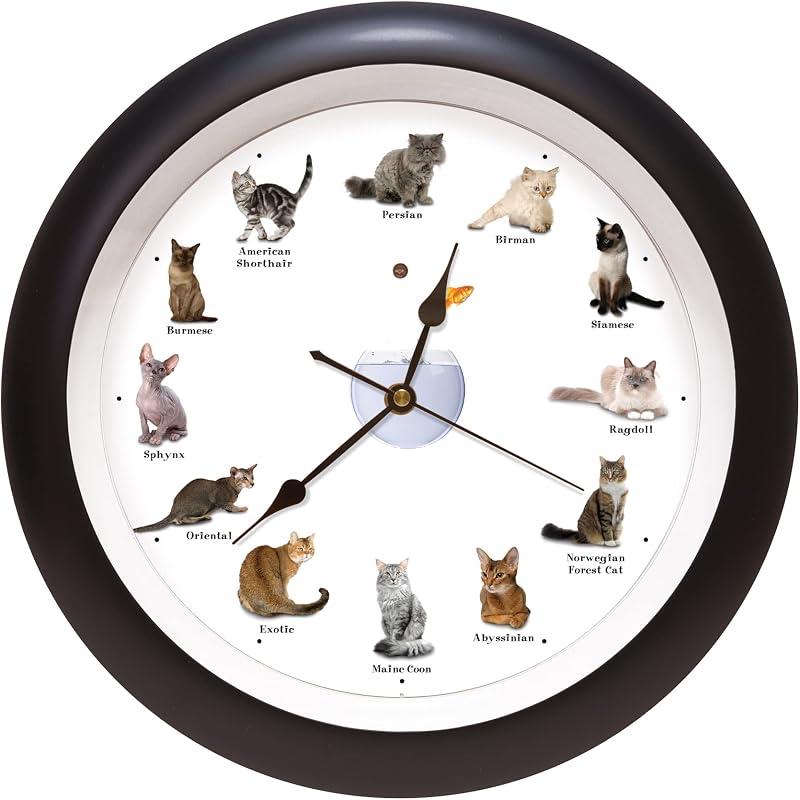 Reloj pared gato maullando 13pulg negro 12 razas