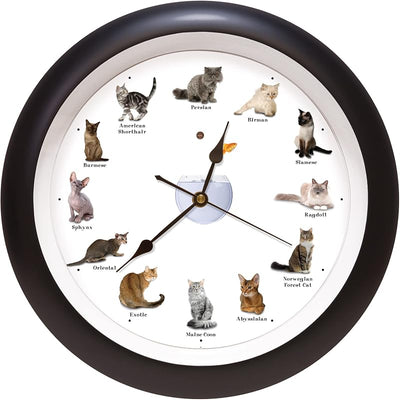 Reloj pared gato maullando 13pulg negro 12 razas