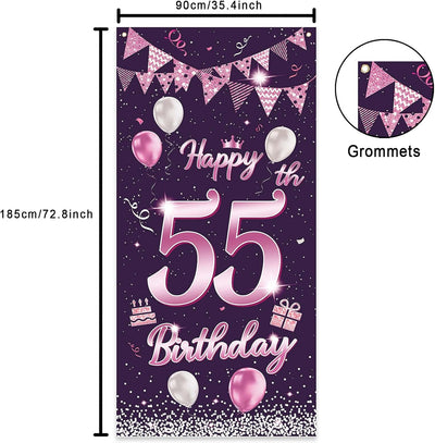 Cartel feliz cumpleaños 55 años rosa morada puerta