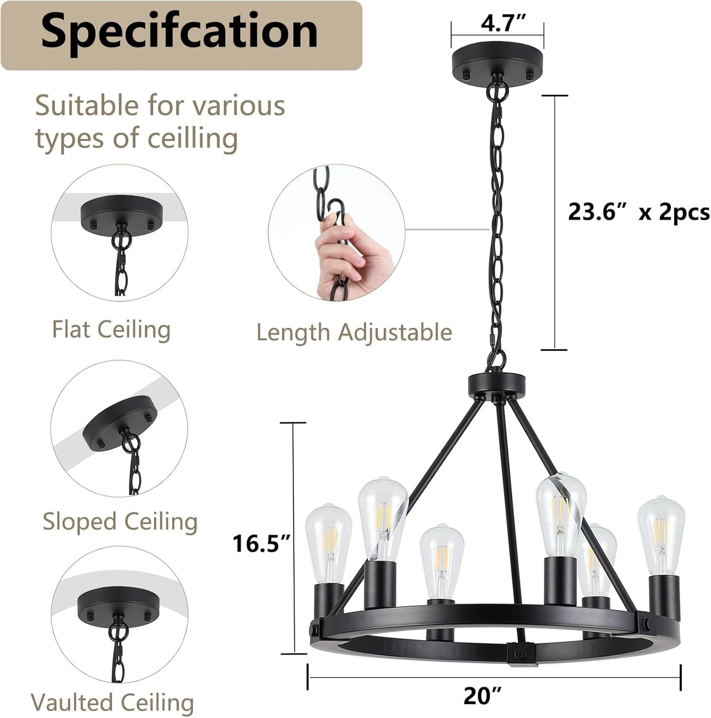 Candelabro negro 6 luces lámpara colgante industrial 20pulg