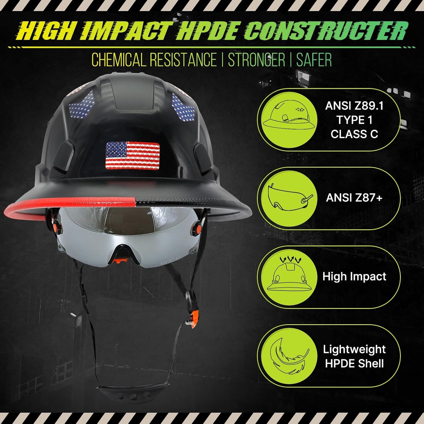 Casco construcción aprobado OSHA con visera transparente