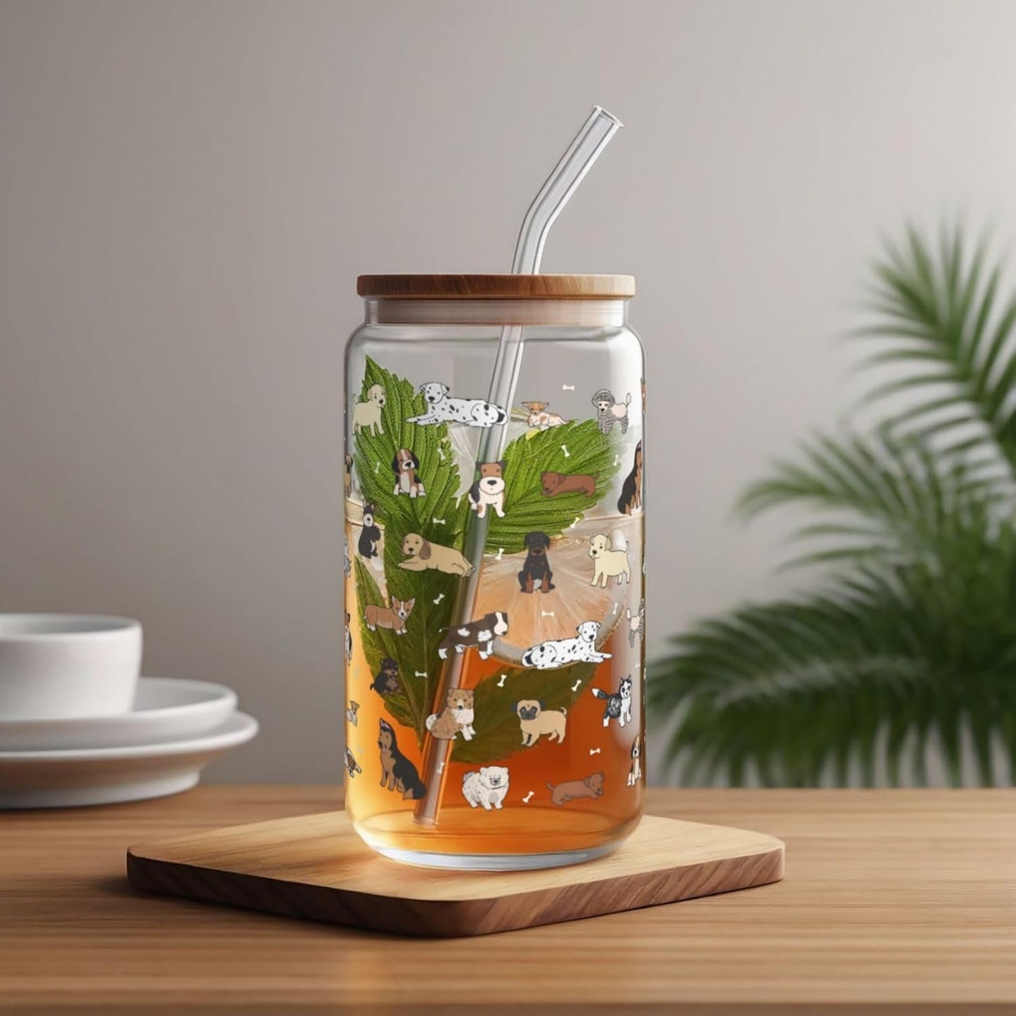Vaso de cristal para cachorros con tapa y pajitas 16 oz para café helado, batido, cóctel y refrescos