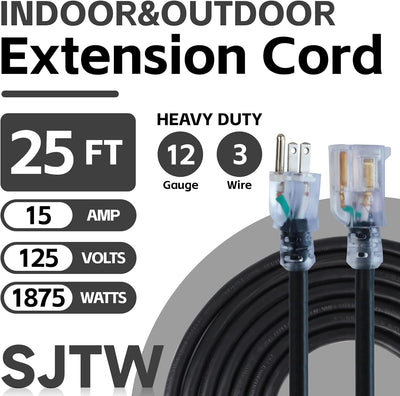 Cable extensión impermeable 25ft negro resistente SJTW
