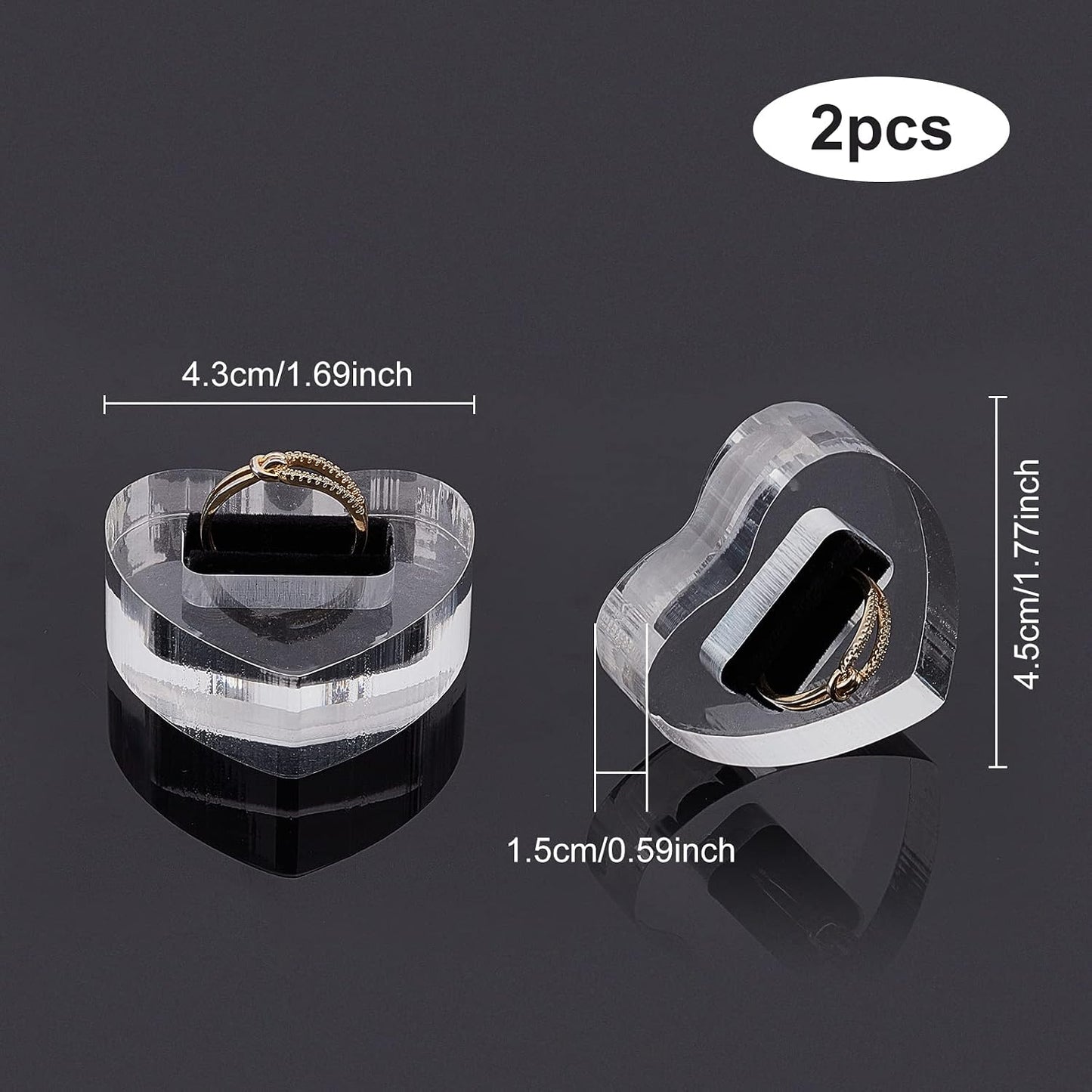 2 Soportes anillo acrílico terciopelo negro forma corazón