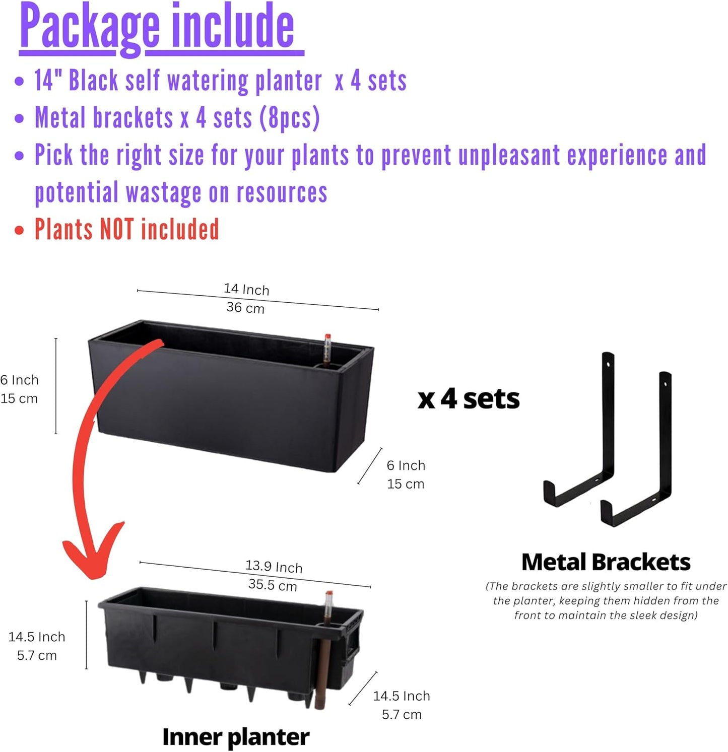Macetas pared exterior 14pulg 4uds riego auto negro