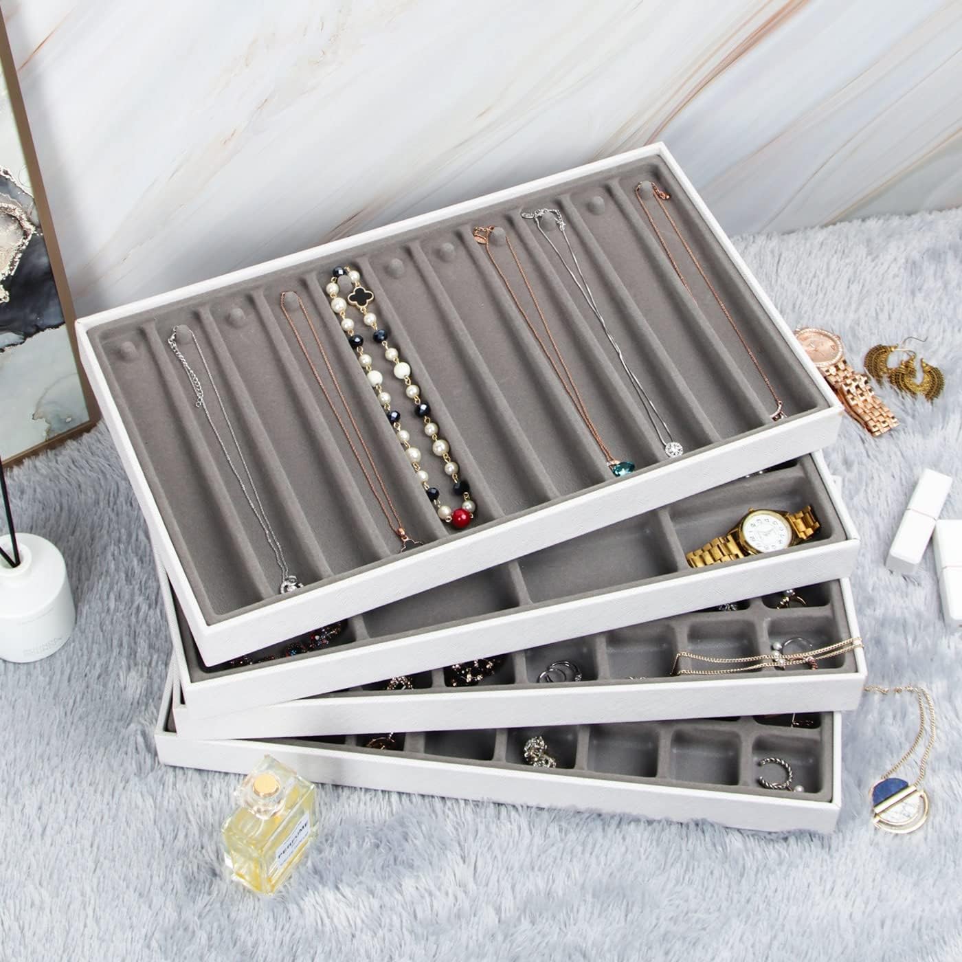 Bandejas apilables cuero sintético para joyas set 4 blanco
