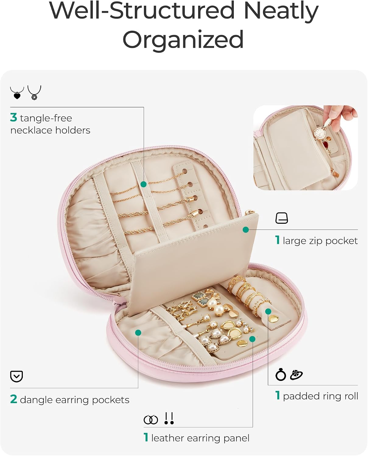 Estuche organiz. joyas viaje rosa claro