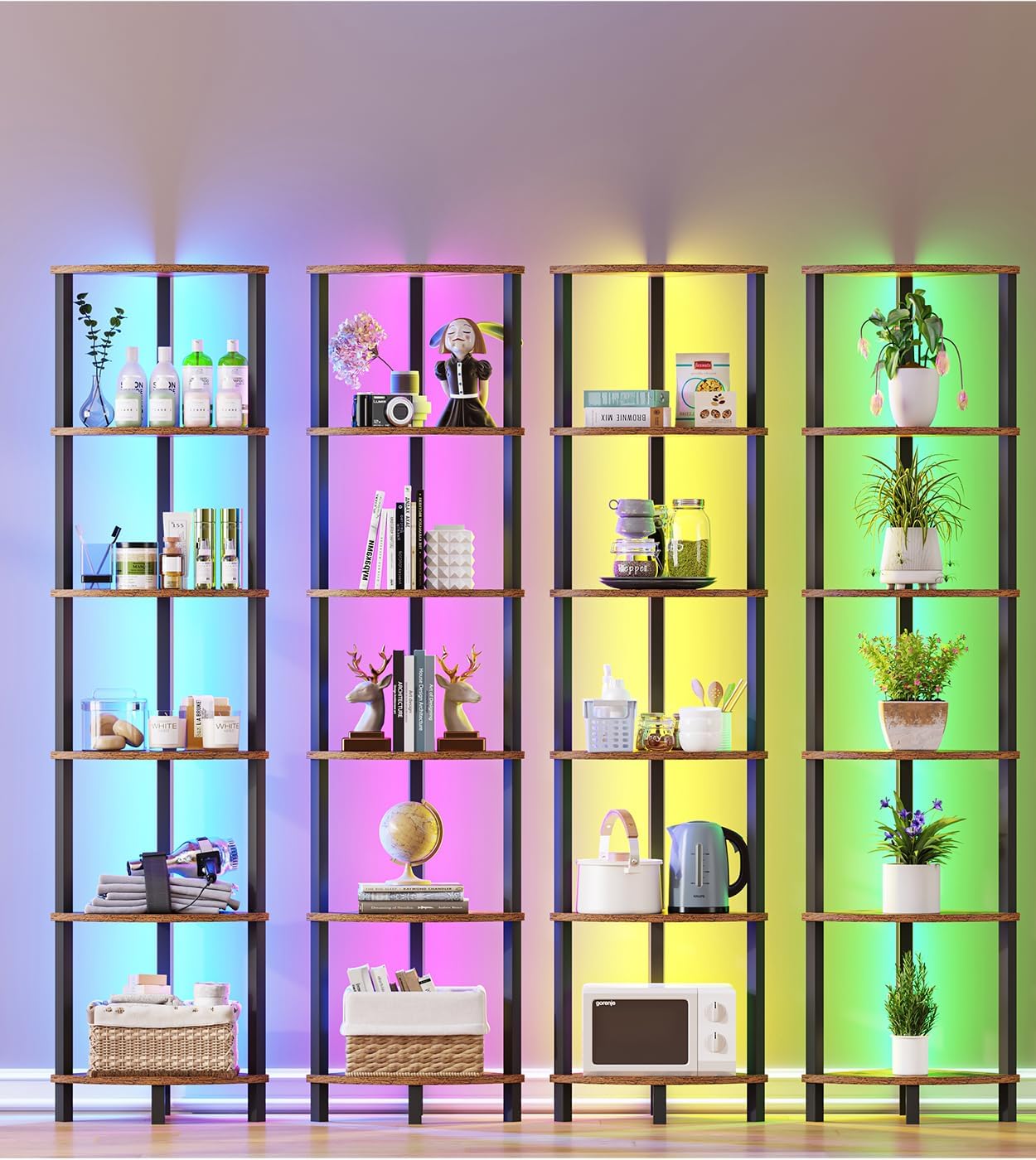 Estante esquinero 6 niveles con luz led rústico marrón y