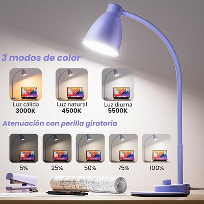 Lámpara LED escritorio USB 3 modos color morado lila