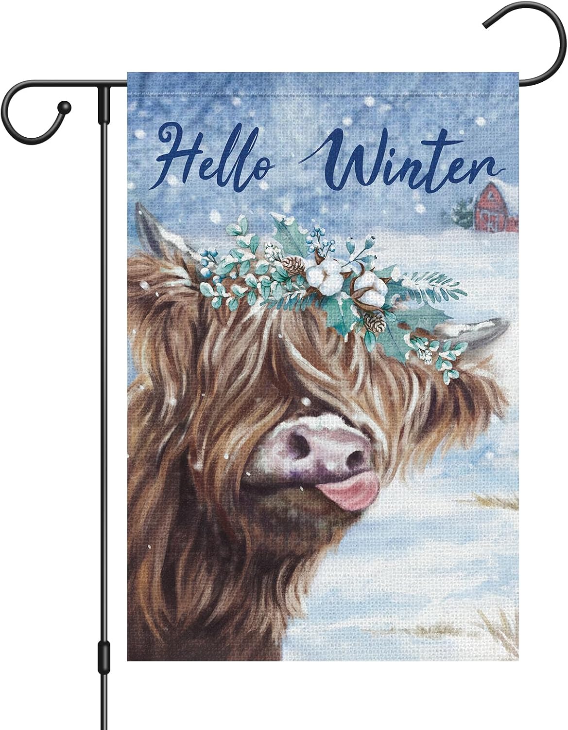 Bandera jardín vaca invierno 12x18pulg doble cara arpillera nieve