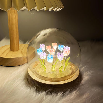 Luz nocturna tulipanes cristal base madera decoración hogar