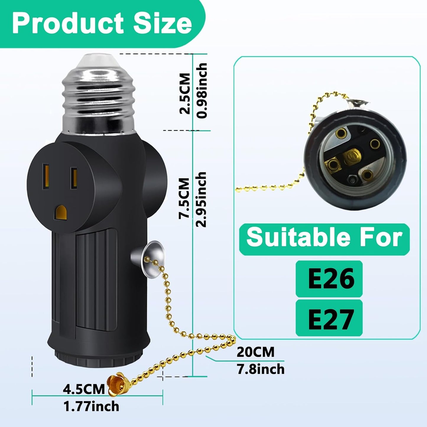 Adaptador enchufe E26/E27 3 clavijas con interruptor negro pack 2