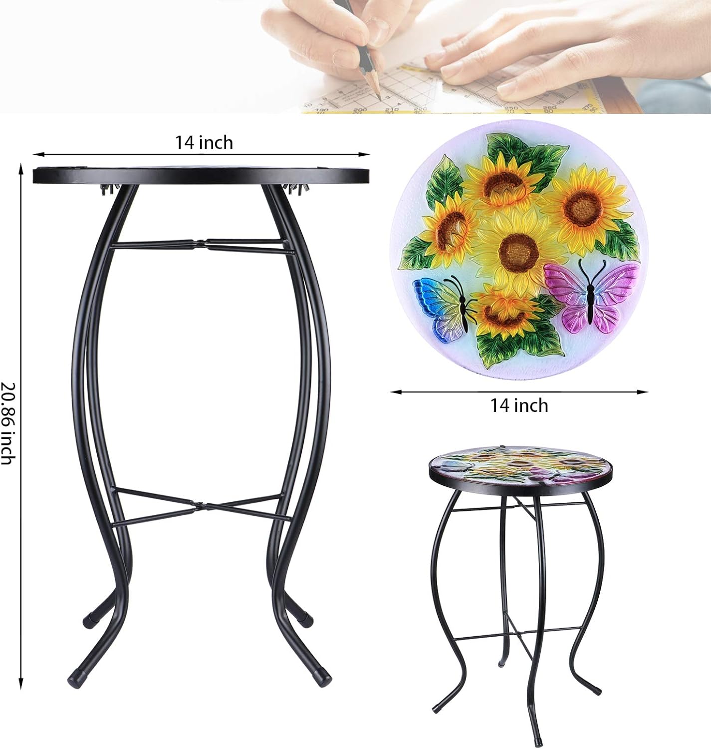 Mesa auxiliar redonda cristal 14" soporte plantas girasol