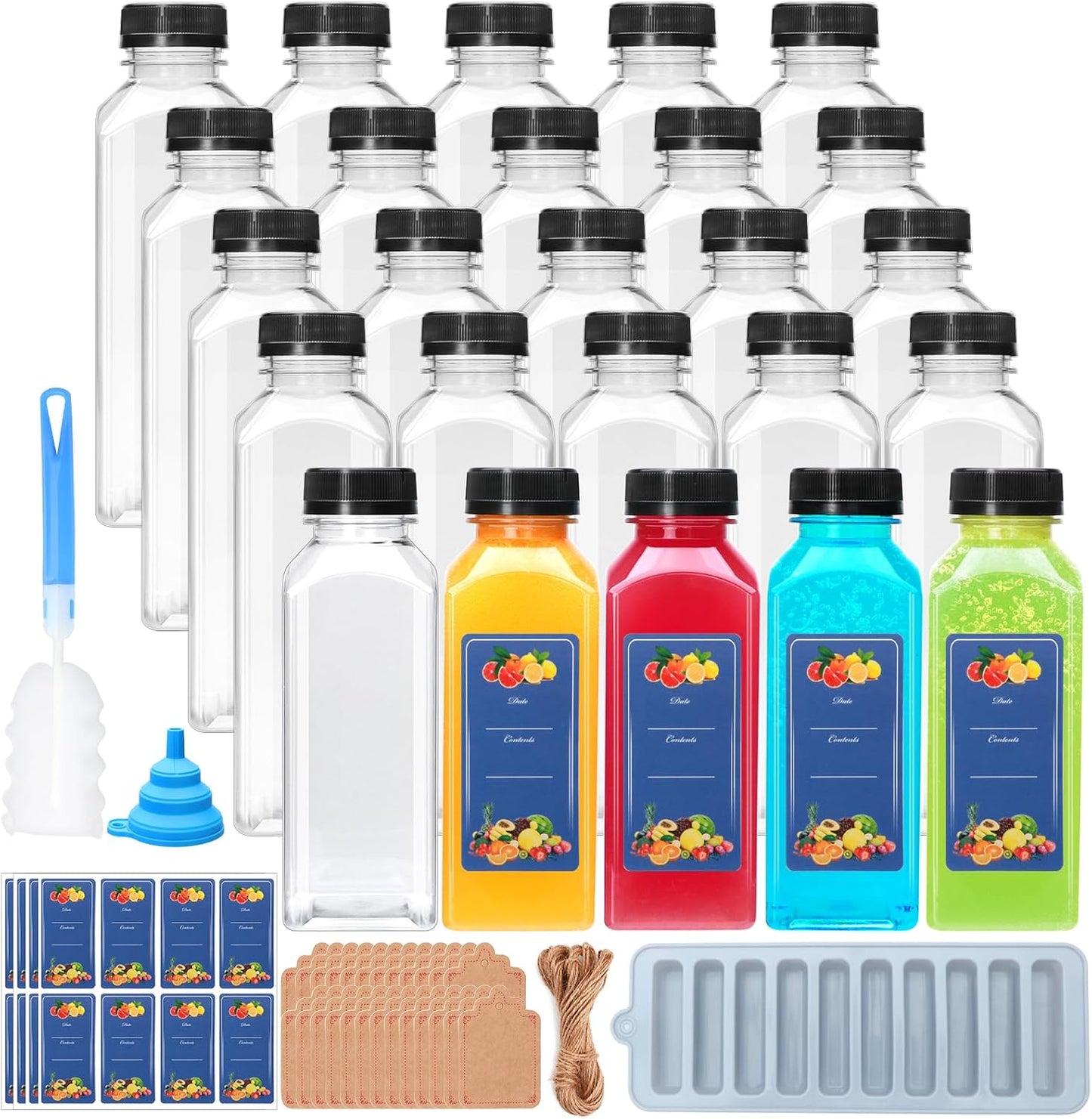 25 Botellas Plástico 12oz Cuadradas con Tapas para Jugo
