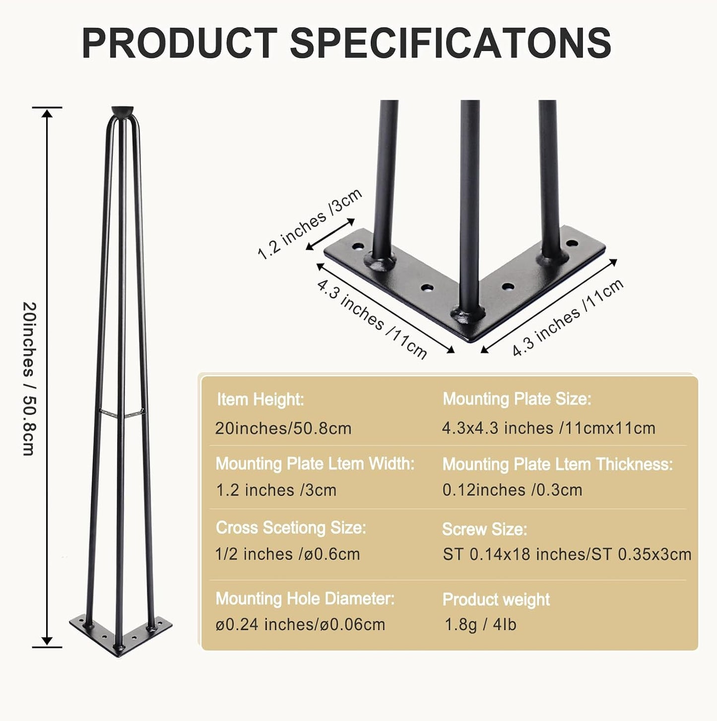 4 Pzas Patas Mesa Horquilla 20pulg Metal Hierro 1300lb