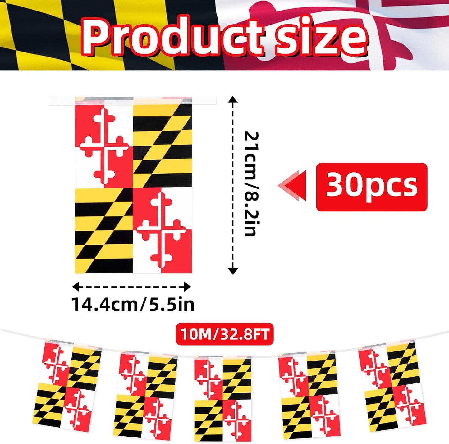 Bandera Maryland 32.8ft con 30 banderines rojos blancos negros
