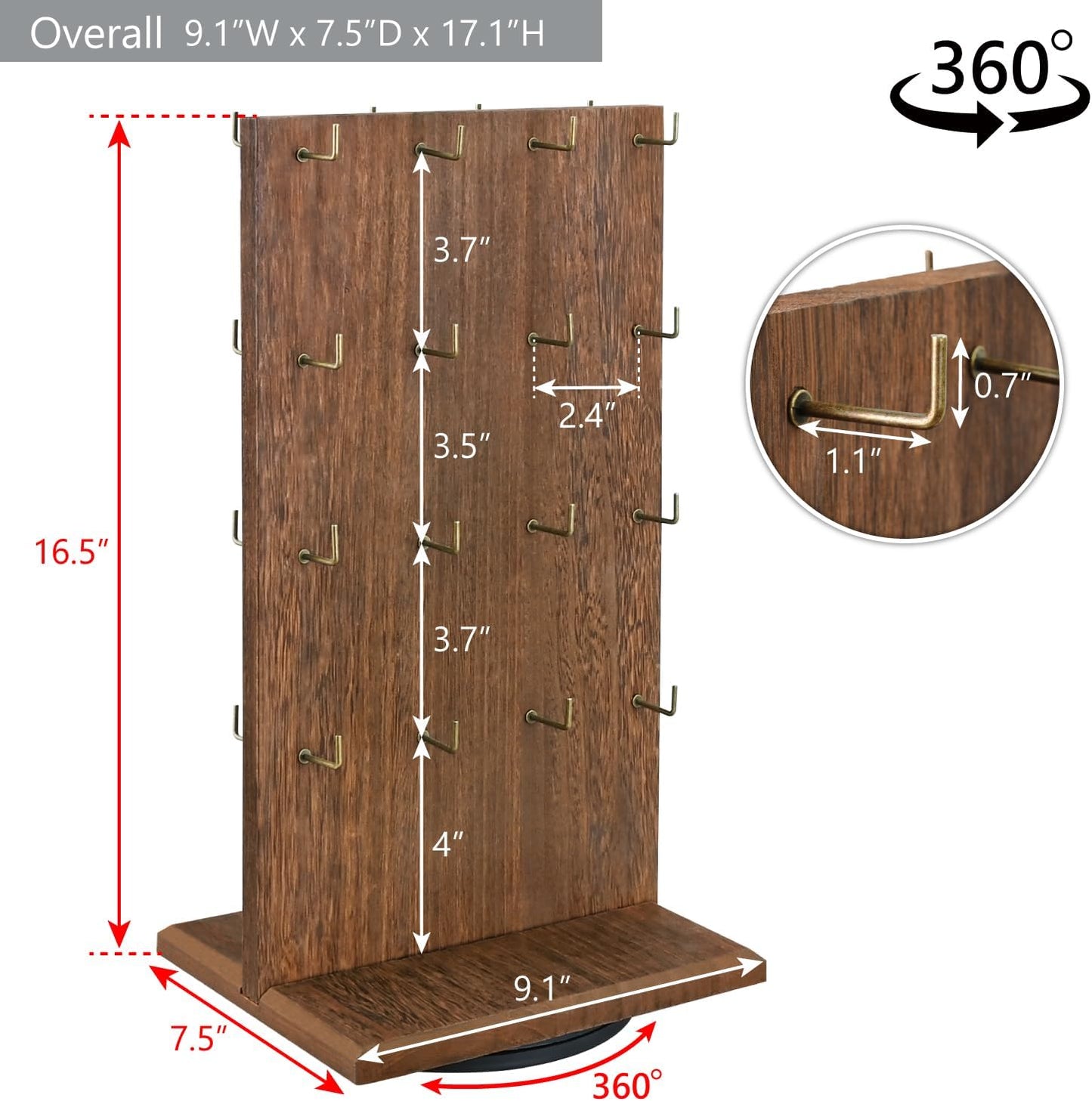 Exhibidor joyas giratorio madera 32 ganchos 9.1" marrón