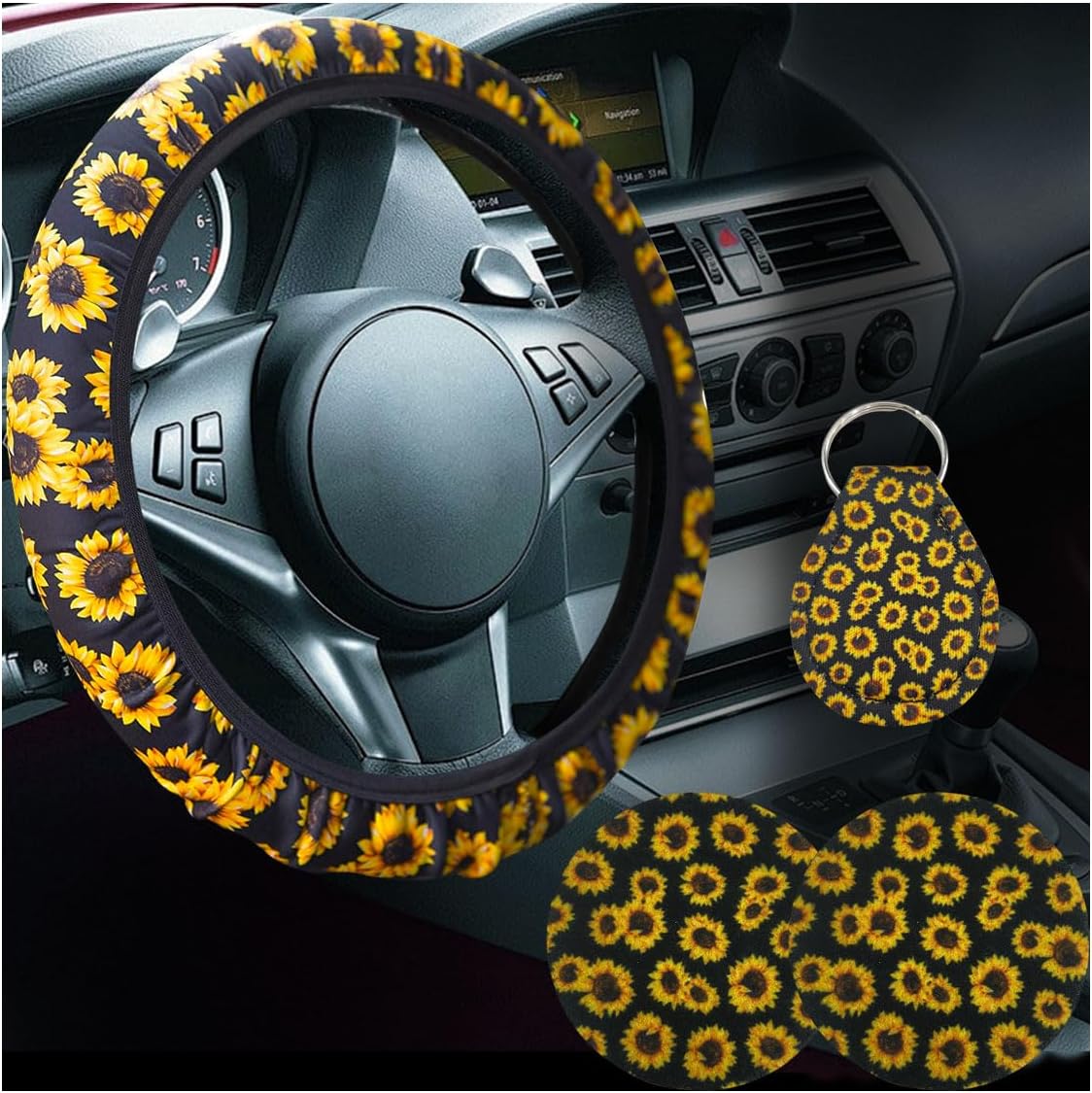 Juego 4 accesorios girasol para auto volante llavero