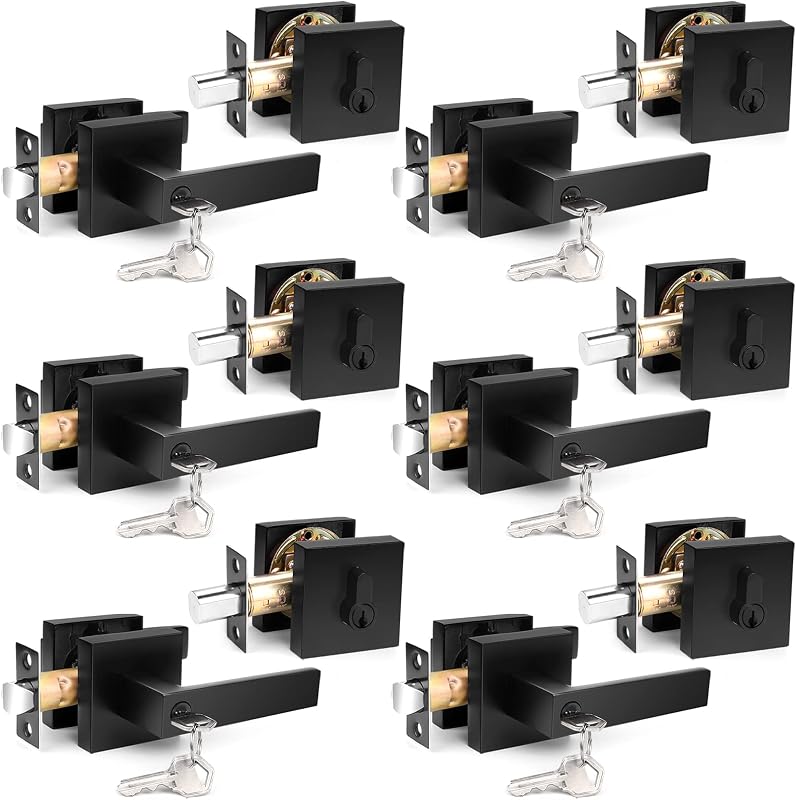 Set 6 manijas entrada planas negras con cerraduras cuadradas