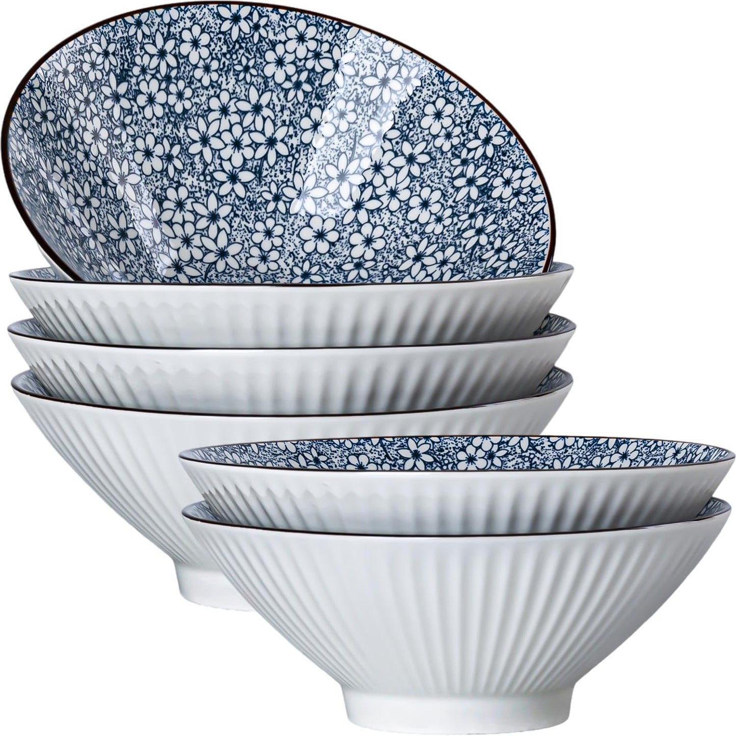 Set 6 Tazones Cerámica Azul y Blanco 8pulg Ramen Pho