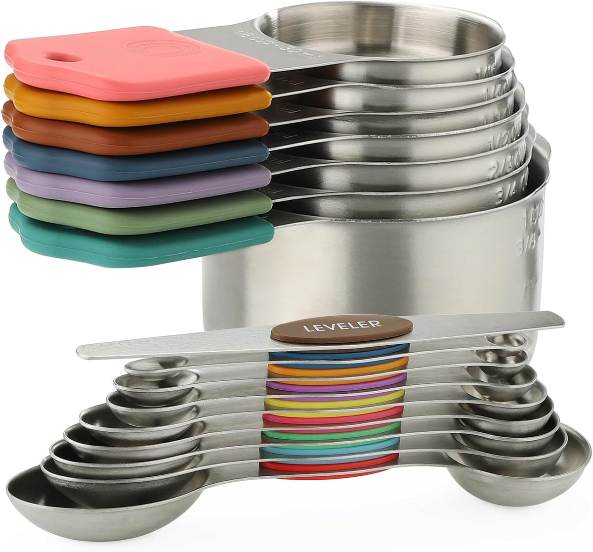 Set 16 Tazas y Cucharas Magnéticas Acero Inox Apilables