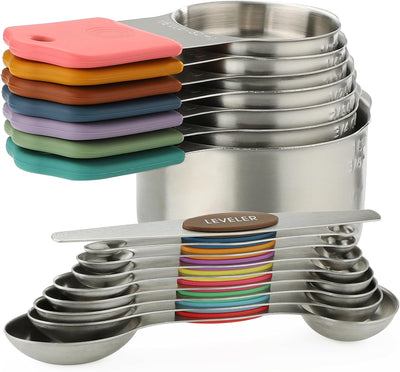 Set 16 Tazas y Cucharas Magnéticas Acero Inox Apilables