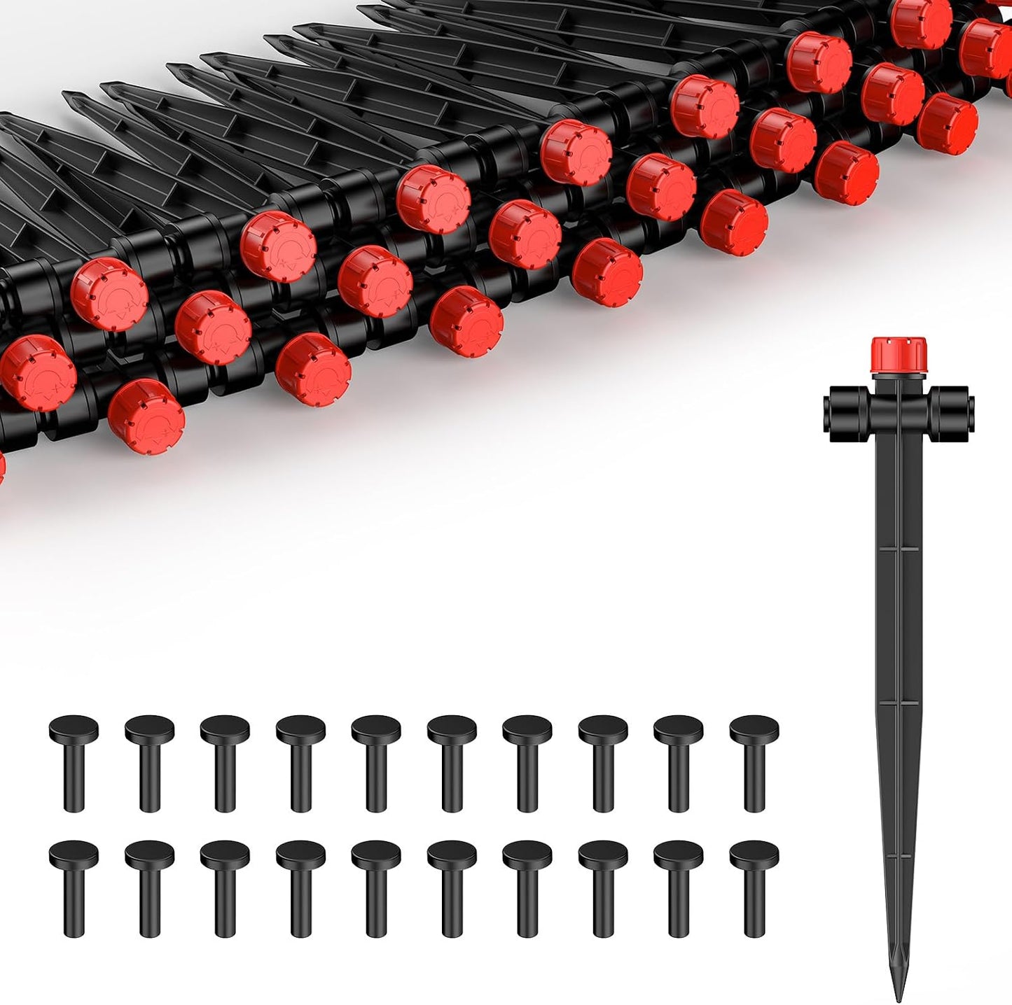 60 Emisores Riego Goteo 1/4" con Estaca y Tapones