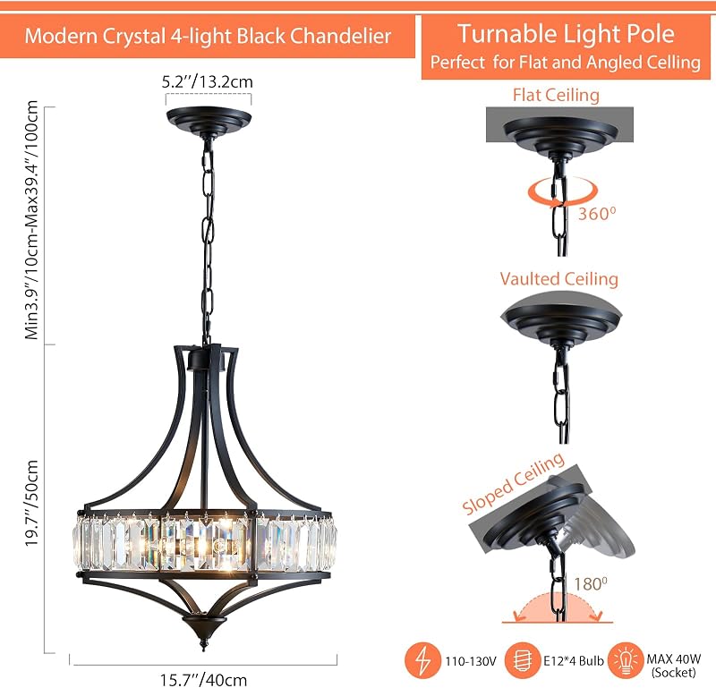 Candelabro Cristal Comedor 4 Luces Negro
