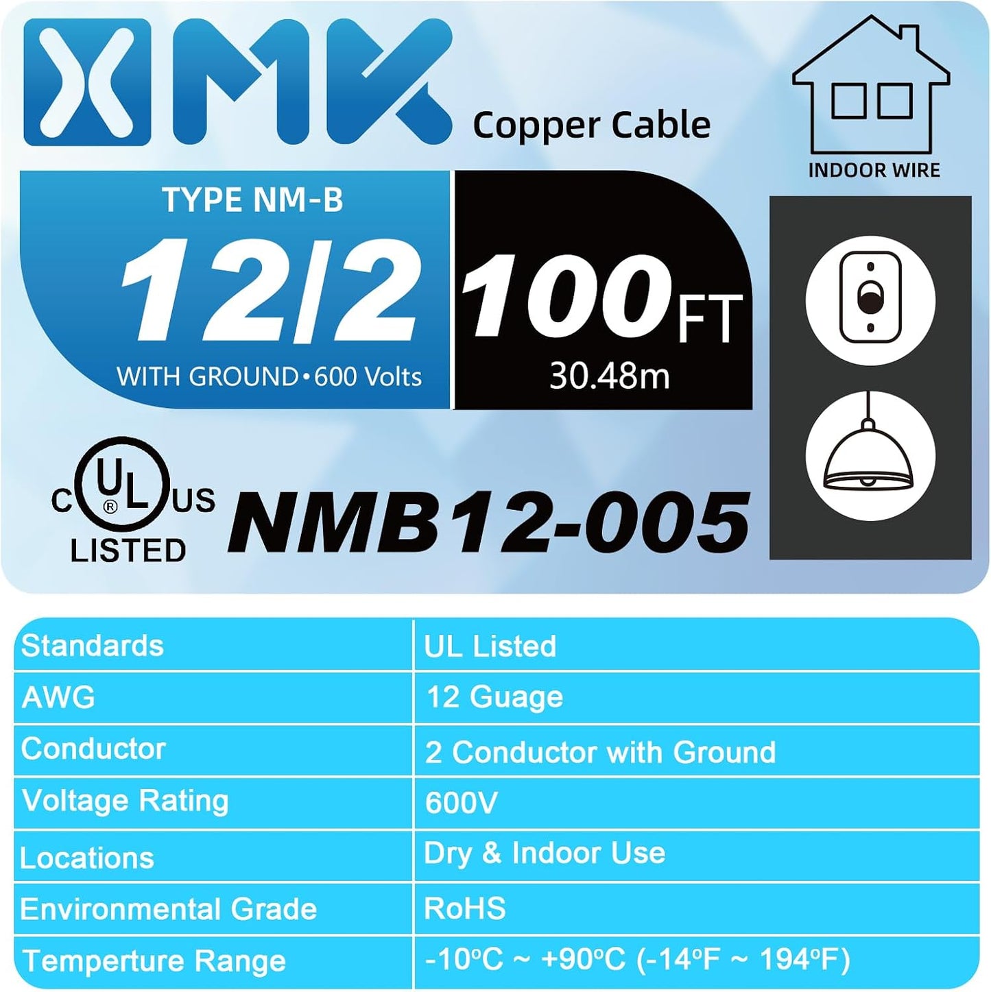 Cable NM-B 12/2 100pies con tierra cobre sólido para interiores