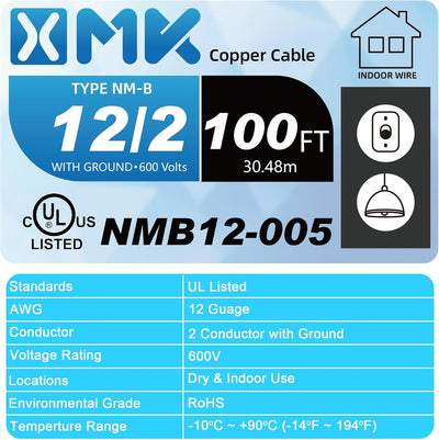 Cable NM-B 12/2 100pies con tierra cobre sólido para interiores