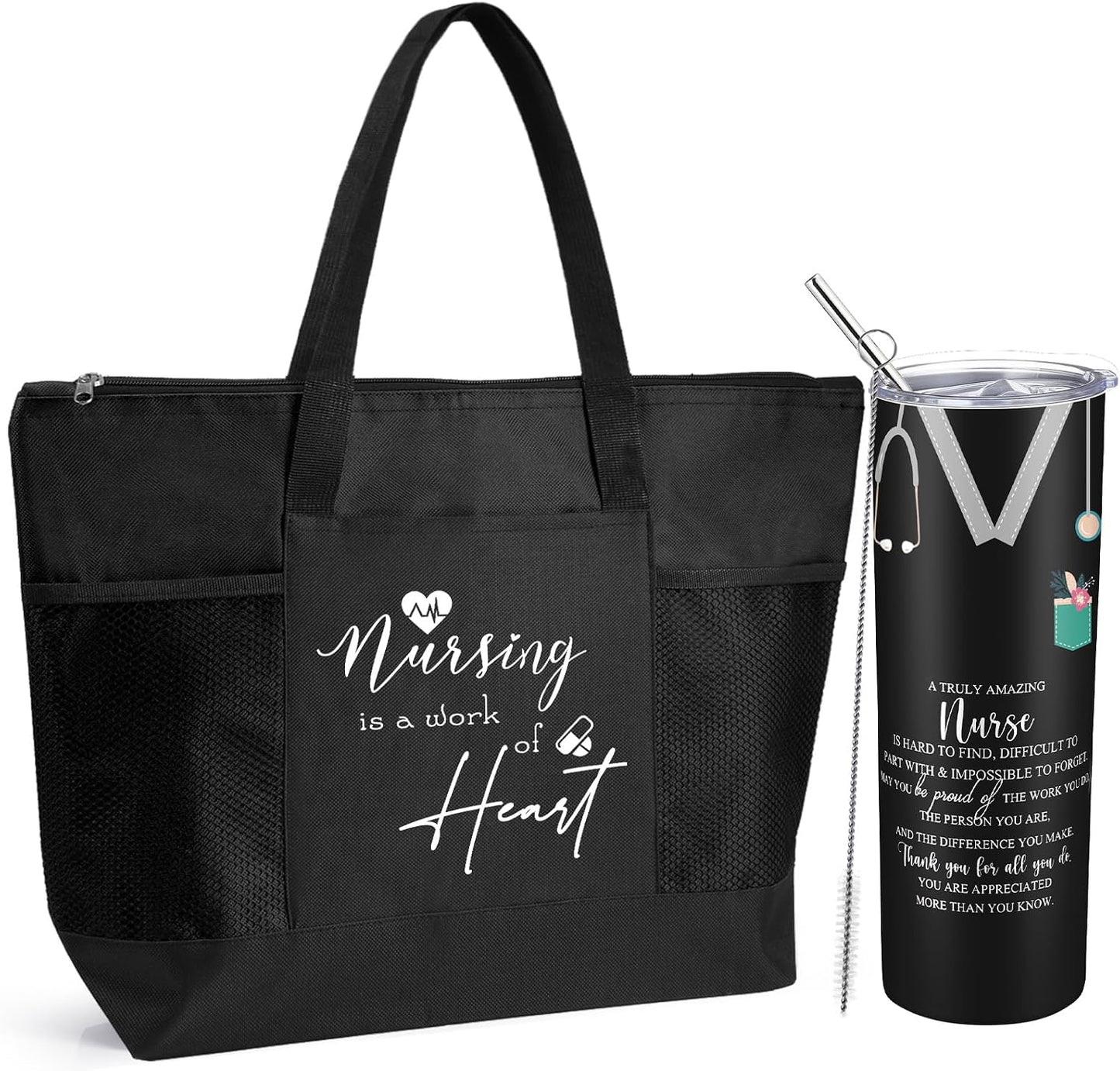 2 Pzas Tote Bag 20oz Taza Café Regalo Mujer Enfermera Negro