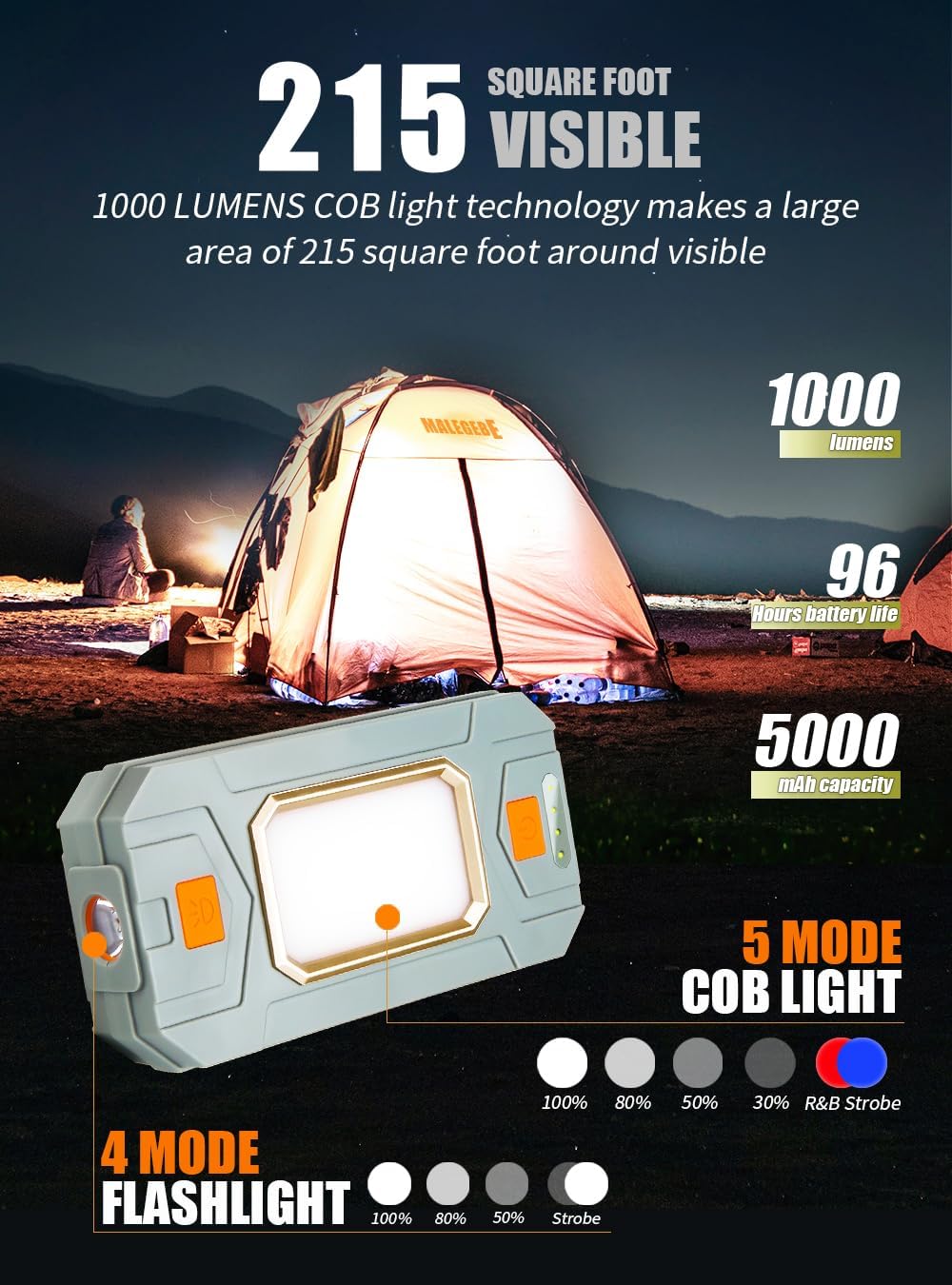 Linterna campamento 1000lm recargable usb magnética
