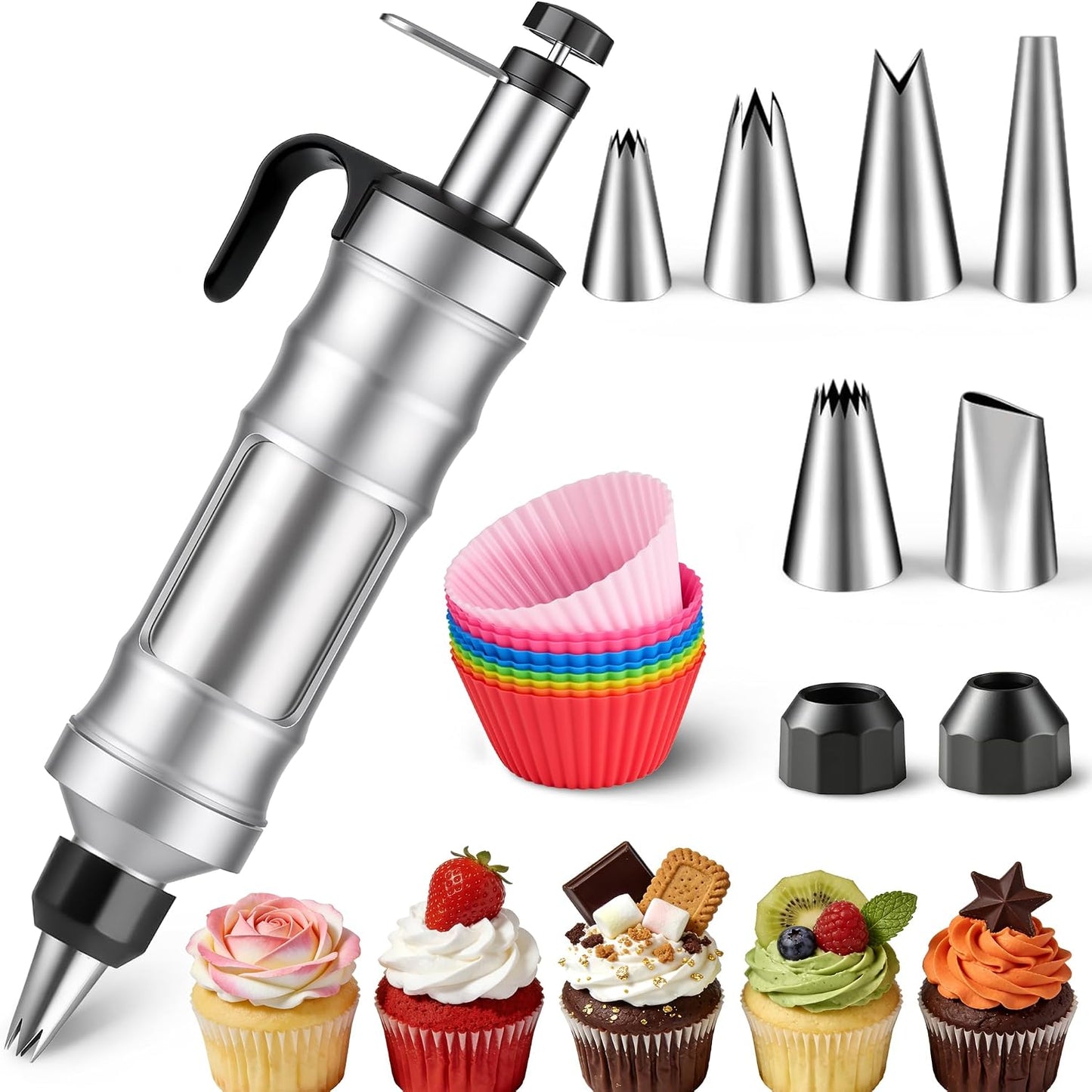 Juego jeringas glaseado cupcakes 6 boquillas 9 moldes silicona