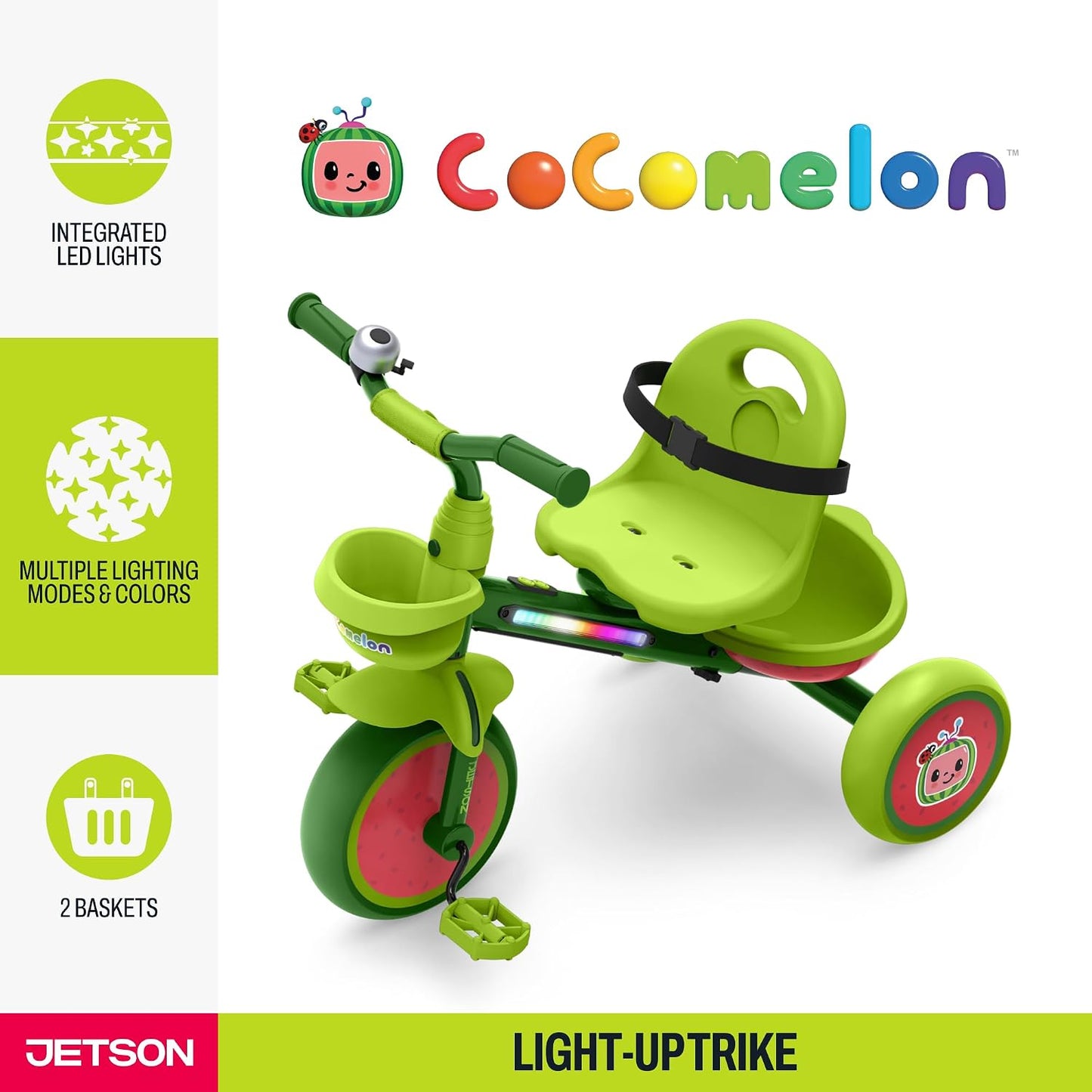Triciclo con luces led, cestas y cinturón de seguridad