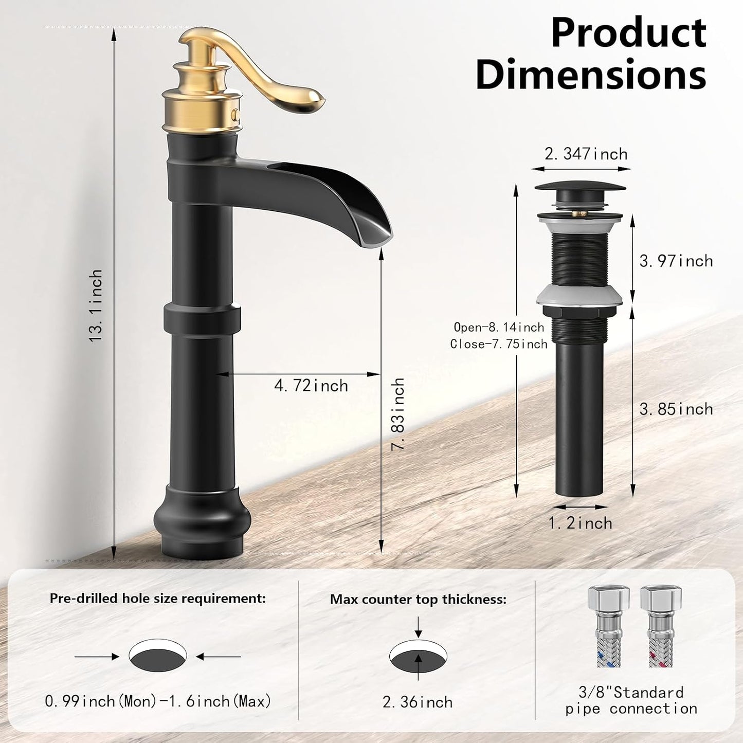 Grifo baño negro dorado 1 agujero manija alta