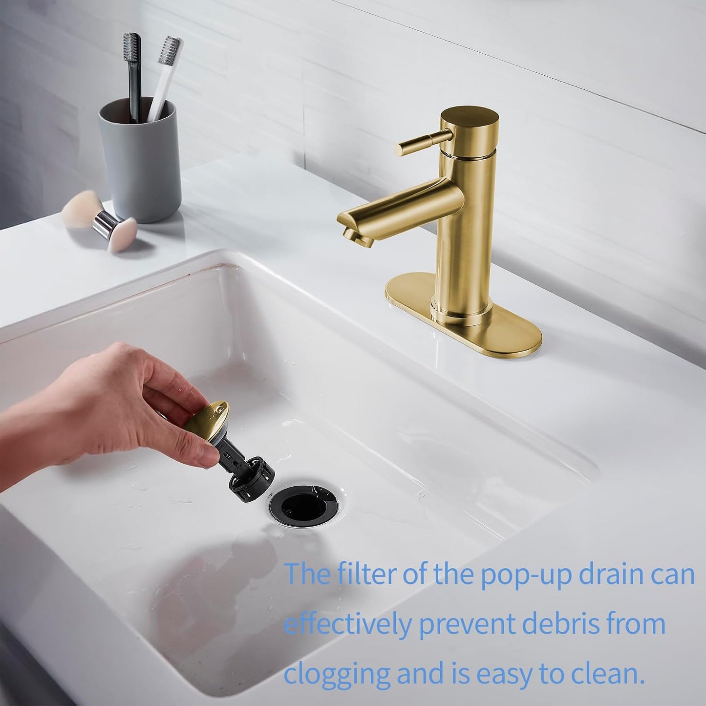 Grifo baño una manija acero inox oro cepillado con drenaje